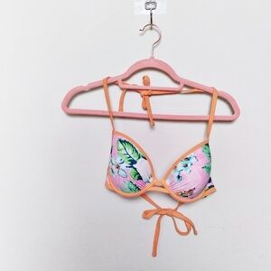 aerie Brooke Pink and Orange Tropical Print Push Up Halter Bikini Top Size 34D